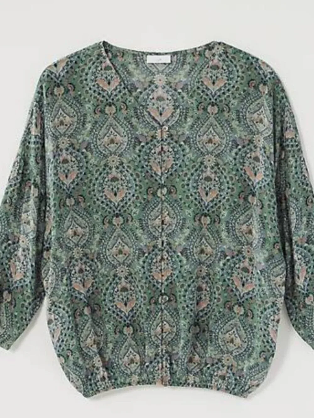 J. Jill Crinkled Button-Front Top | Floral Paisley | Size Medium | Sage Green | - Picture 2 of 10